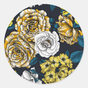 Yellow, white and bi-color roses with blue leaves classic round sticker