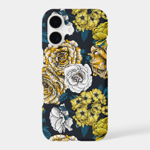 Yellow, white and bi-colour roses with blue leaves