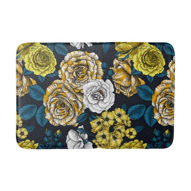 Yellow, white and bi-colour roses with blue leaves bath mat (Front)