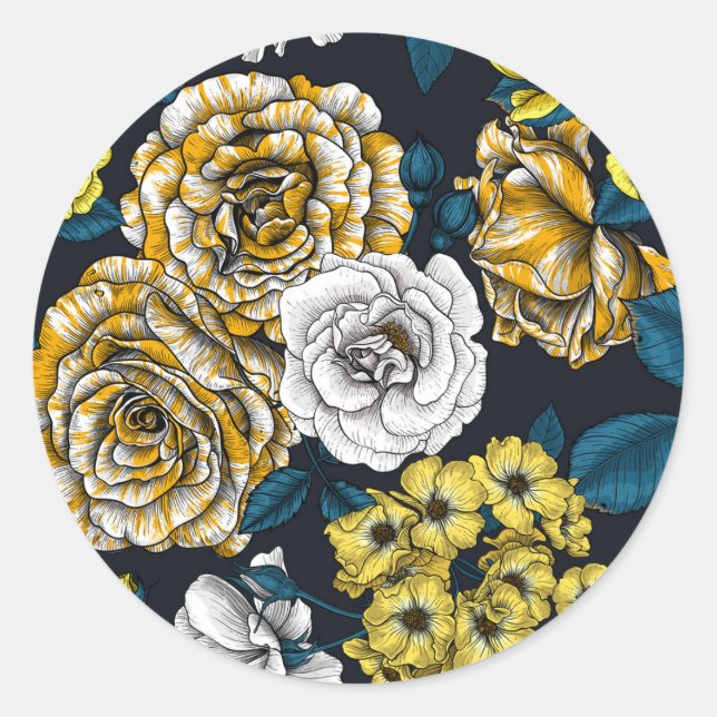 Yellow, white and bi-colour roses with blue leaves classic round sticker (Front)
