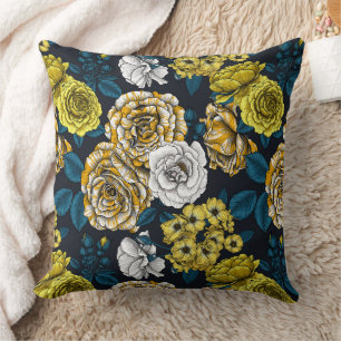 Yellow, white and bi-colour roses with blue leaves cushion