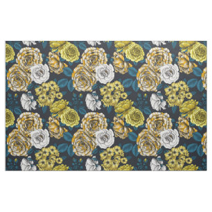 Yellow, white and bi-colour roses with blue leaves fabric