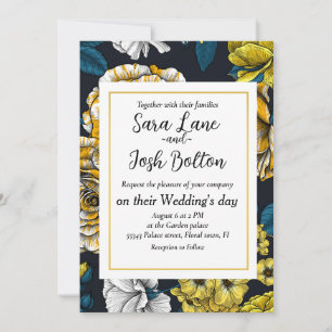 Yellow, white and bi-colour roses with blue leaves invitation