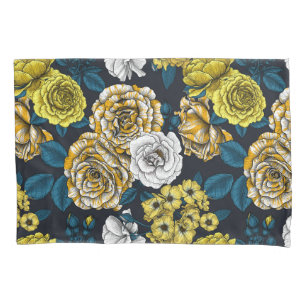Yellow, white and bi-colour roses with blue leaves pillowcase