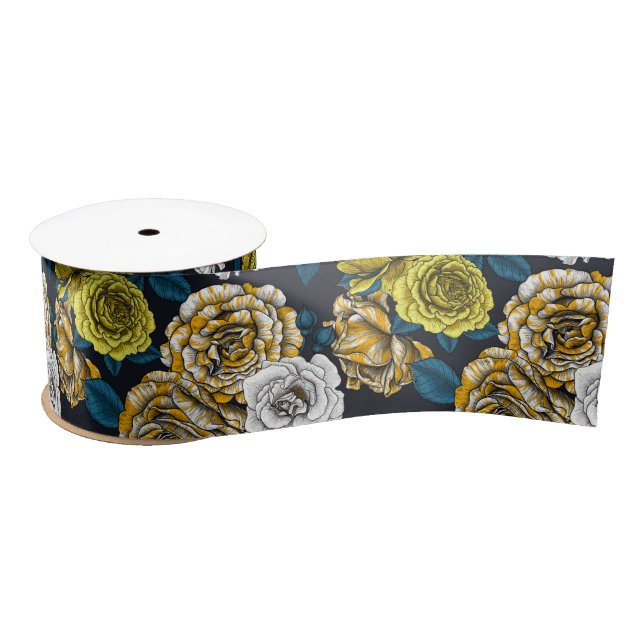 Yellow, white and bi-colour roses with blue leaves satin ribbon (Spool)