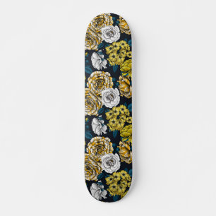 Yellow, white and bi-colour roses with blue leaves skateboard