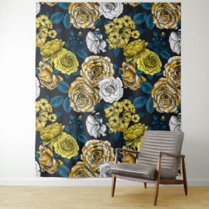 Yellow, white and bi-colour roses with blue leaves tapestry