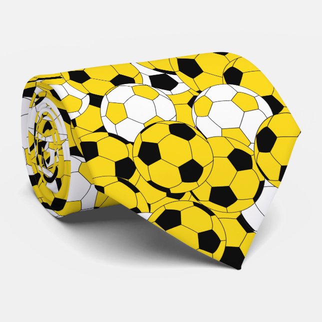 Yellow, White and Black Soccer Ball Collage Tie (Rolled)