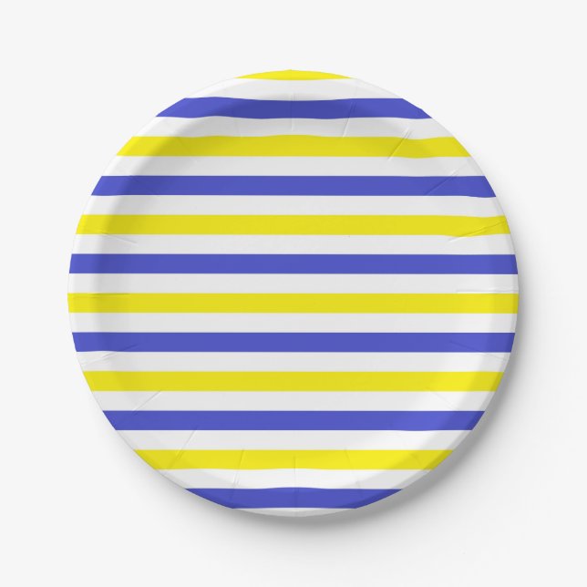 Yellow, White and Blue  Stripes Paper Plate (Front)
