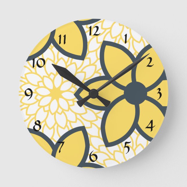 Yellow, White and Charcoal Modern Floral Round Clock (Front)