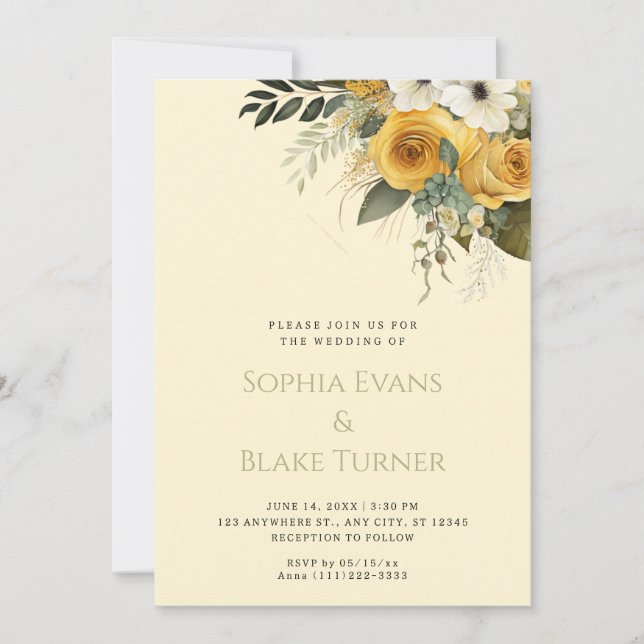Yellow White and Green Floral Yellow Wedding Invitation (Front)