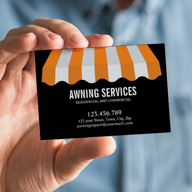Yellow White Awning Services Cleaning Professional Business Card (Yellow and White Striped Awning Business Card: Custom Design, Repair, Motorization, and More Service)
