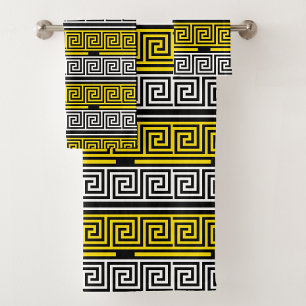 Yellow White Black Greek Key Fret Pattern Design  Bath Towel Set