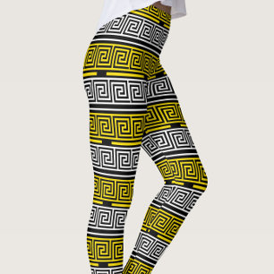 Yellow White Black Greek Key Fret Pattern Design  Leggings