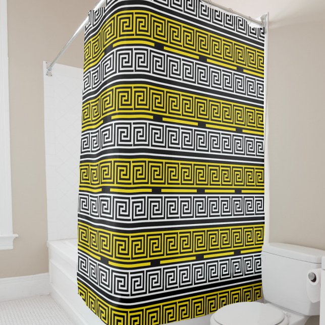 Yellow White Black Greek Key Fret Pattern Design  Shower Curtain (Creator Uploaded)