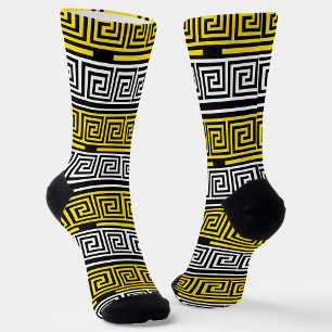 Yellow White Black Greek Key Fret Pattern Design Socks