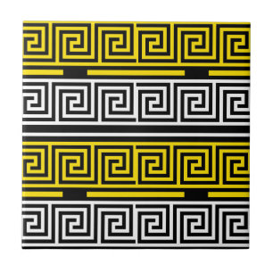 Yellow White Black Greek Key Fret Pattern Design  Tile