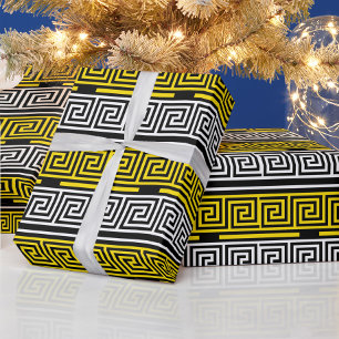 Yellow White Black Greek Key Fret Pattern Design  Wrapping Paper