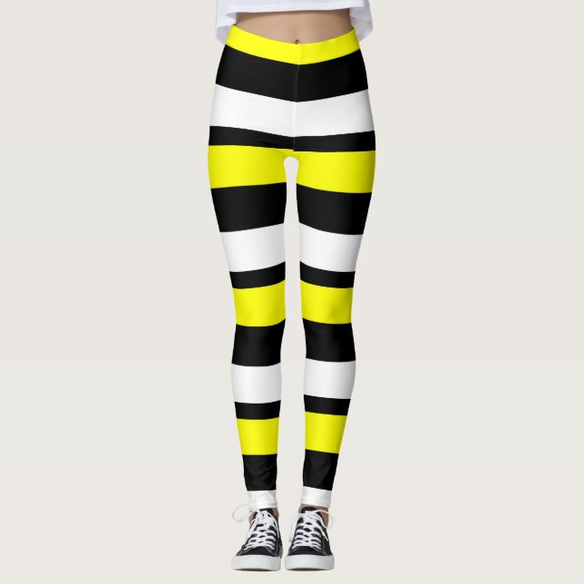 Yellow White & Black Horizontally-Striped Leggings (Front)