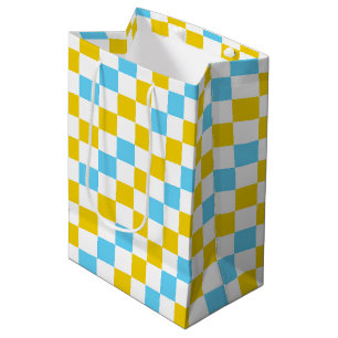 Yellow White Blue Chequered Design Medium Gift Bag