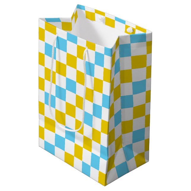 Yellow White Blue Chequered Design  Medium Gift Bag (Front Angled)