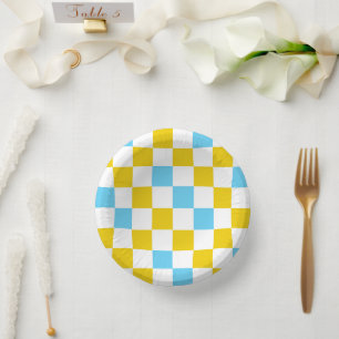 Yellow White Blue Chequered Design  Paper Plate