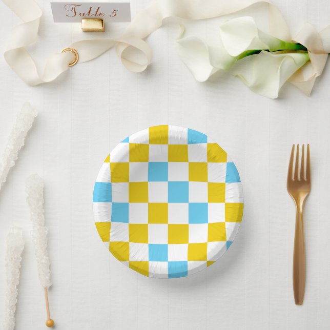Yellow White Blue Chequered Design  Paper Plate (Wedding)
