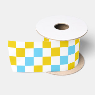 Yellow White Blue Chequered Design  Satin Ribbon