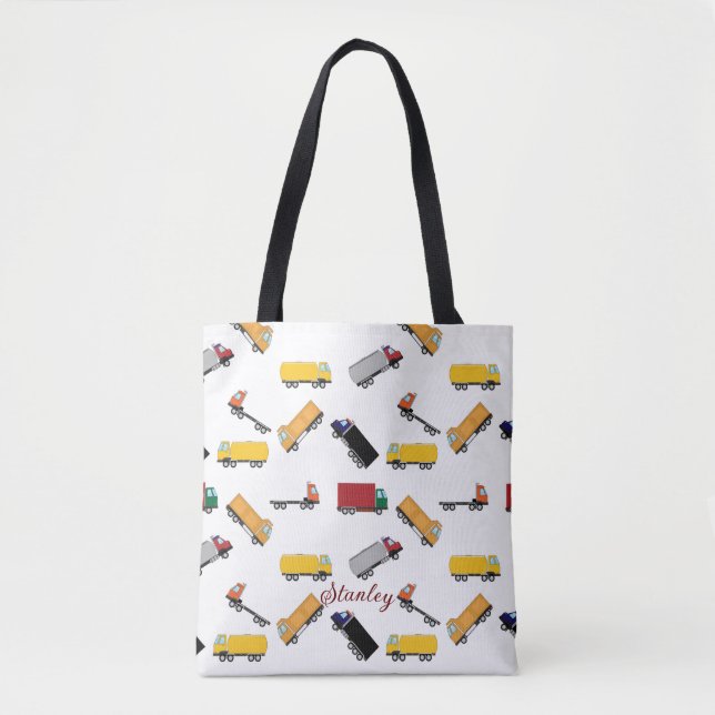 Yellow White Boys' Name Personalised Truck Tote Bag (Front)