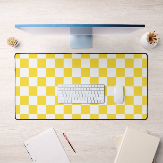 Yellow White Check Chequered Chequerboard Pattern Desk Mat (Office 1)