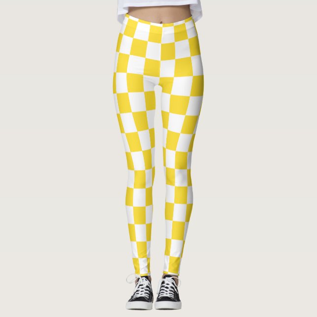 Yellow White Check Chequered Chequerboard Pattern Leggings (Front)