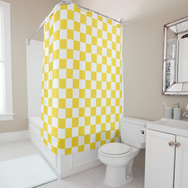 Yellow White Check Chequered Chequerboard Pattern Shower Curtain (In Situ)