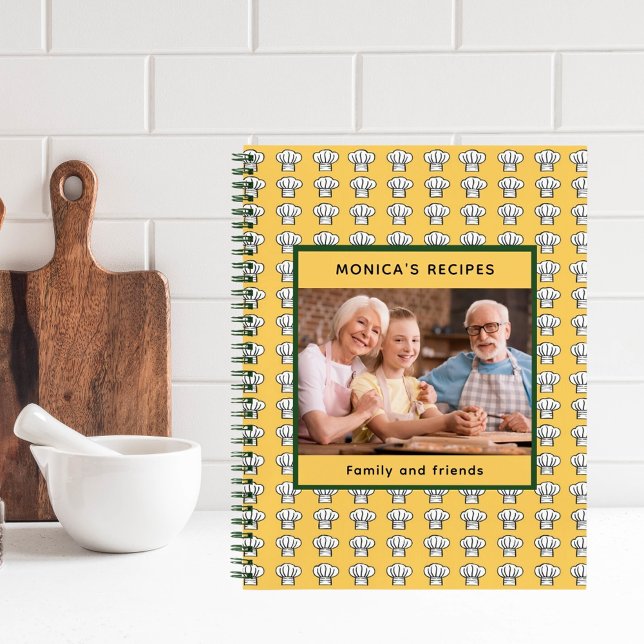 Yellow white chef hats pattern name photo notebook (Creator Uploaded)