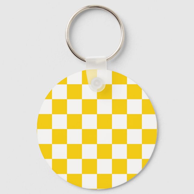 Yellow White Chequered Check Pattern Key Ring (Front)