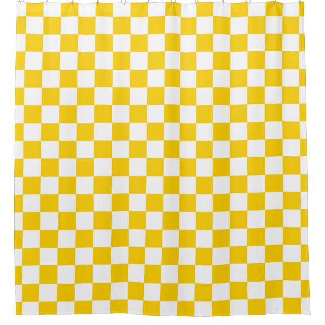 Yellow White Chequered Check Pattern Shower Curtain (Front)
