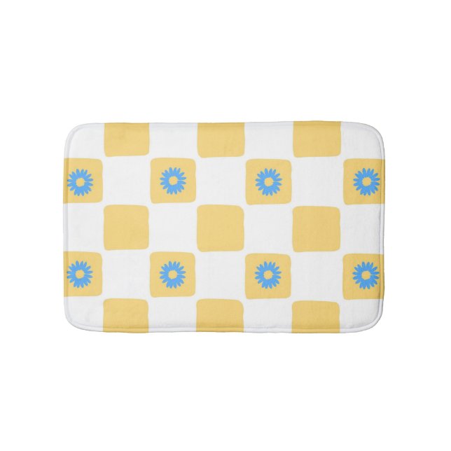 Yellow White Chequered With Blue Flower Pattern Bath Mat (Front)