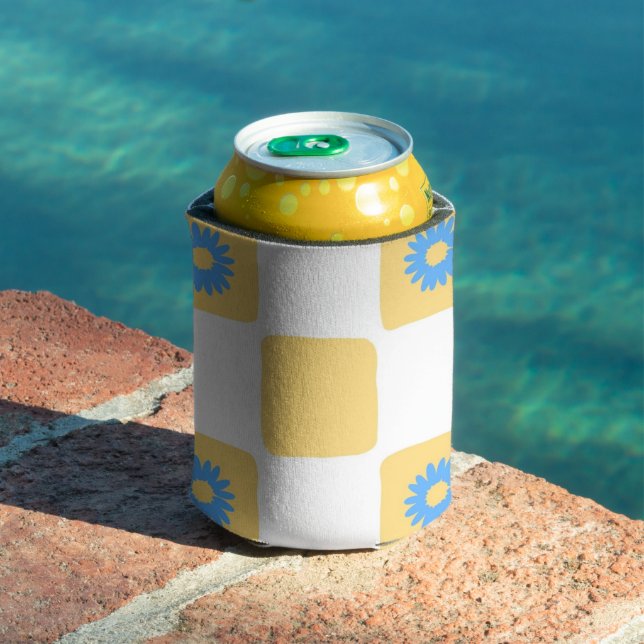 Yellow White Chequered With Blue Flower Pattern Can Cooler (In Situ Pool)