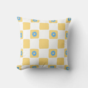 Yellow White Chequered With Blue Flower Pattern Cushion