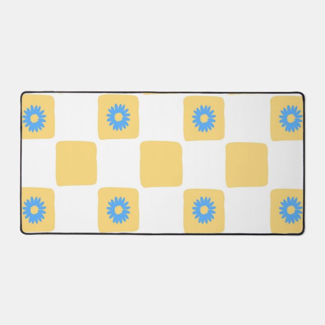 Yellow White Chequered With Blue Flower Pattern Desk Mat (Front)
