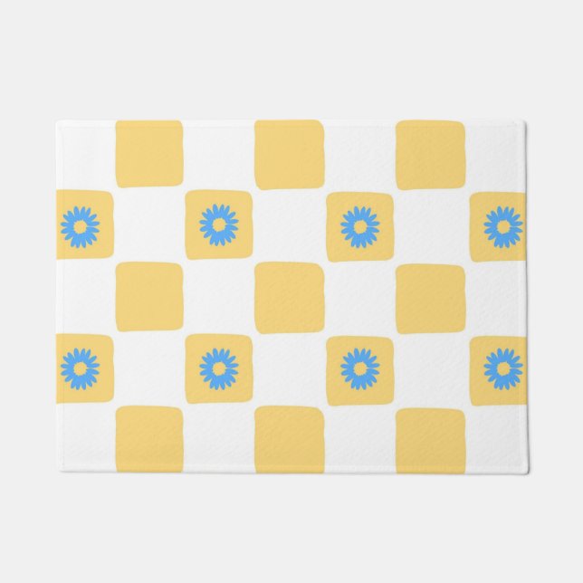 Yellow White Chequered With Blue Flower Pattern Doormat (Front)