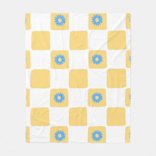 Yellow White Chequered With Blue Flower Pattern Fleece Blanket