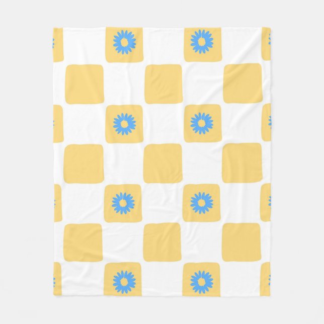 Yellow White Chequered With Blue Flower Pattern Fleece Blanket (Front)