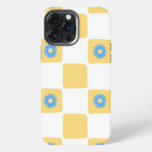 Yellow White Chequered With Blue Flower Pattern iPhone 13 Pro Max Case