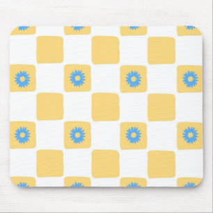 Yellow White Chequered With Blue Flower Pattern Mouse Pad