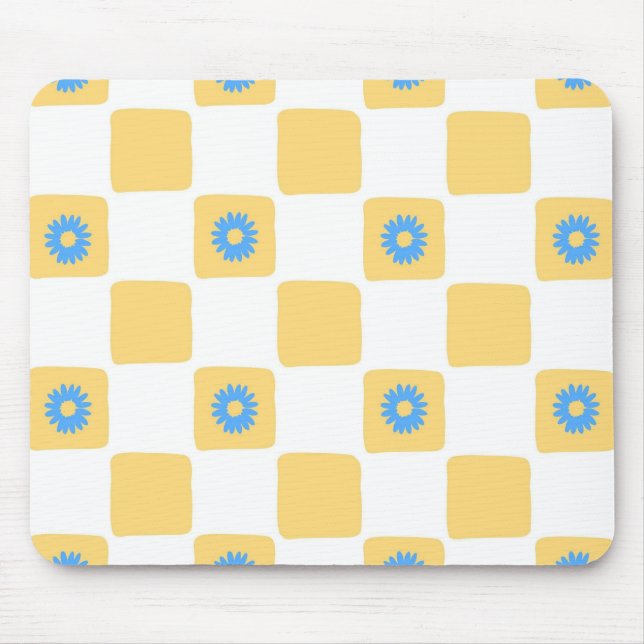 Yellow White Chequered With Blue Flower Pattern Mouse Pad (Front)