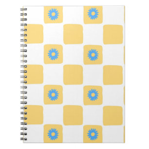 Yellow White Chequered With Blue Flower Pattern Notebook