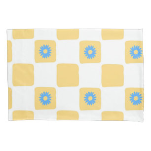 Yellow White Chequered With Blue Flower Pattern Pillowcase