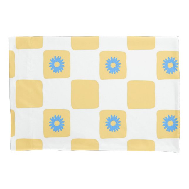Yellow White Chequered With Blue Flower Pattern Pillowcase (Front)