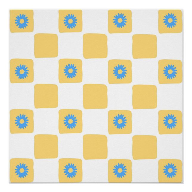 Yellow White Chequered With Blue Flower Pattern Poster (Front)