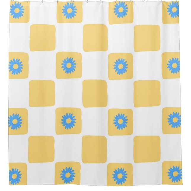 Yellow White Chequered With Blue Flower Pattern Shower Curtain (Front)